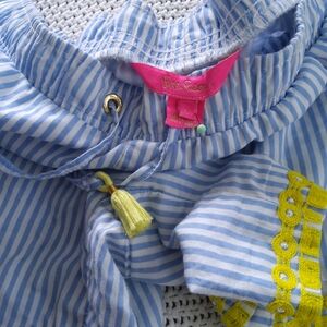 Lilly Pulitzer Blue Striped Katia Lined Shorts Yellow Embrodiery 2 Pockets Sz L